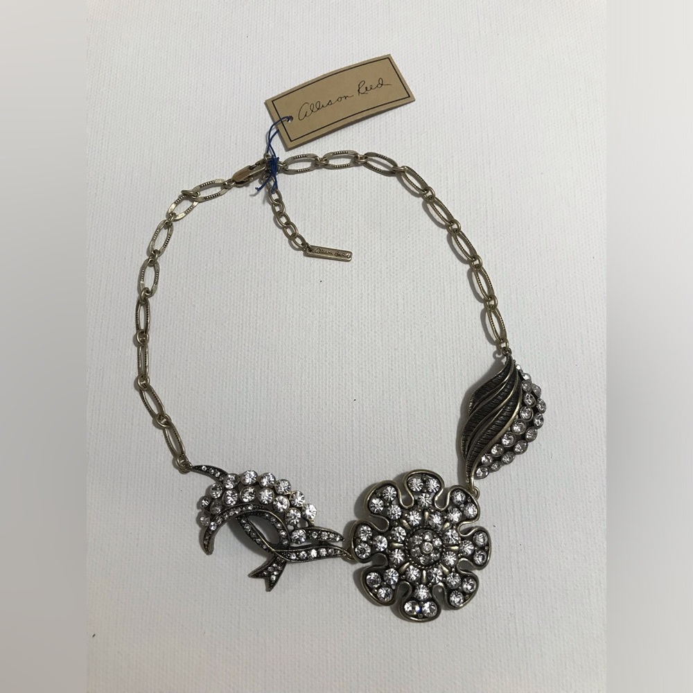 Allison Reed Statement Floral Necklace Antique Gold Tone Clear Rhinestones 13”